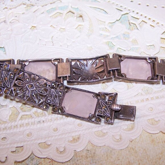 Art Deco European 935 Silver Pink Quartz Marcasite Link Bracelet - Picture 3 of 7